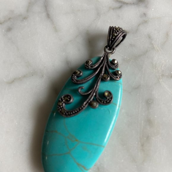Vintage Sterling Marcasite Turquoise Pendant - Picture 2 of 6